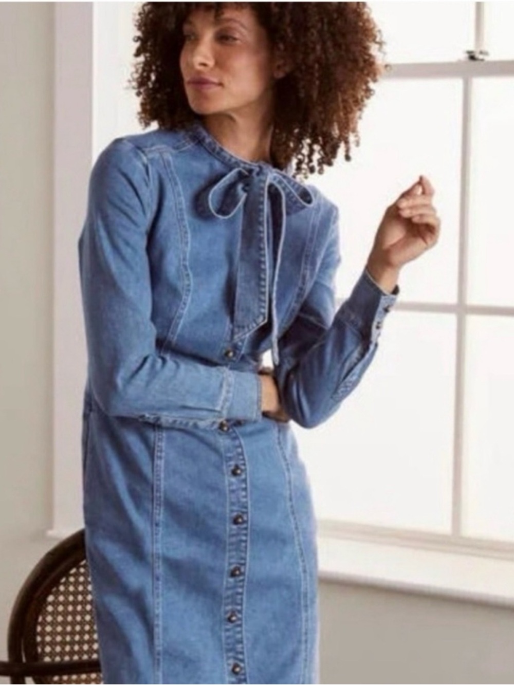 Boden Denim Button-Front Dress with bow